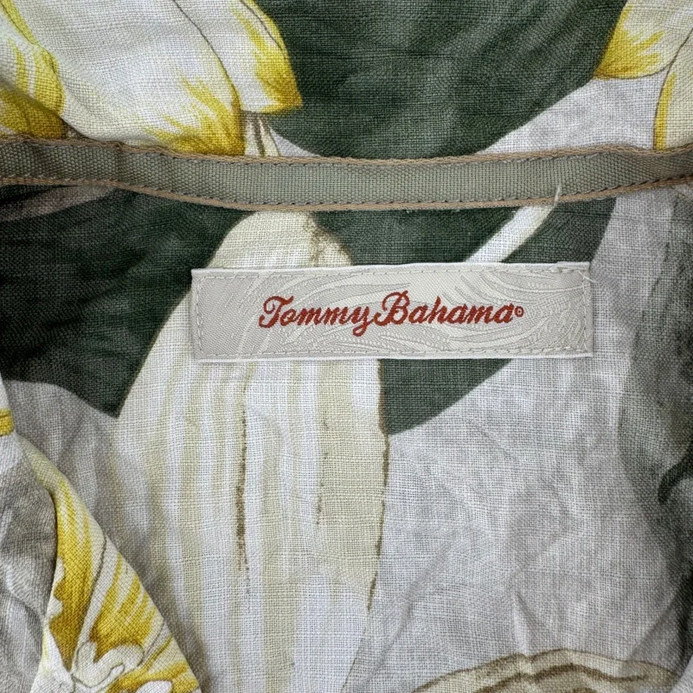 Tommy Bahama Silk Floral Shirt Men Large Green Tan Botanical Camp Aloha Hawaiian